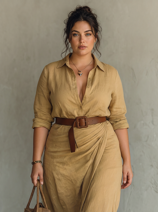 Vestido largo mujer cuello solapa manga larga cinturón