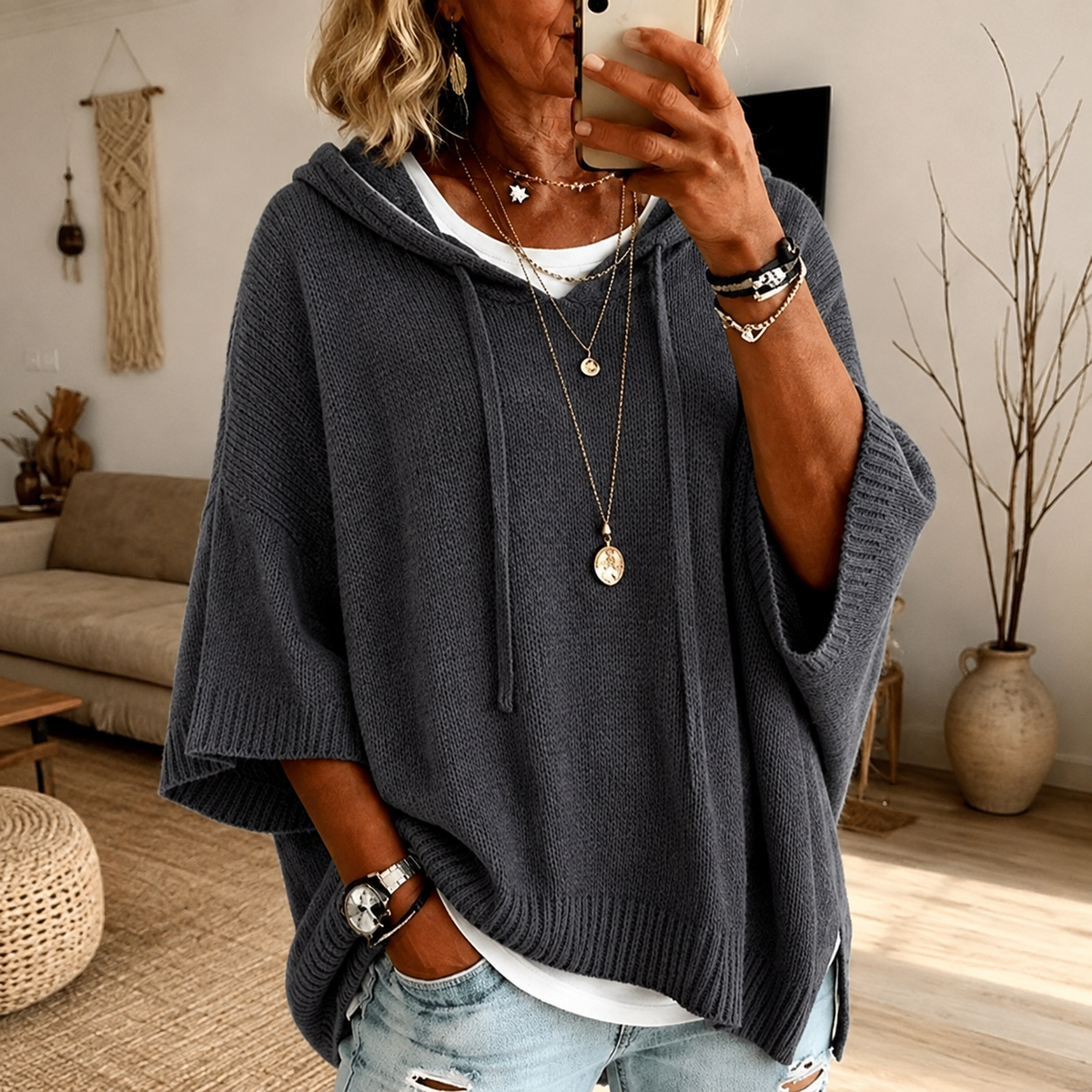 Camille – Suéter Poncho Gris Carbón