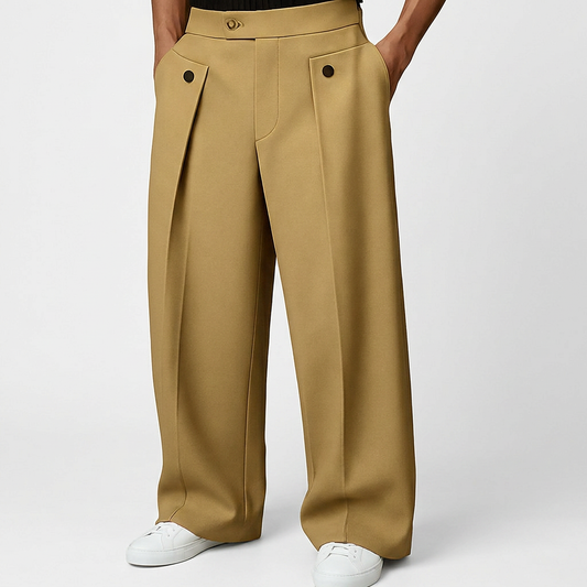 Pantalón de Pernera Ancha con Pinzas y Cintura de Botón para Hombre - Caqui