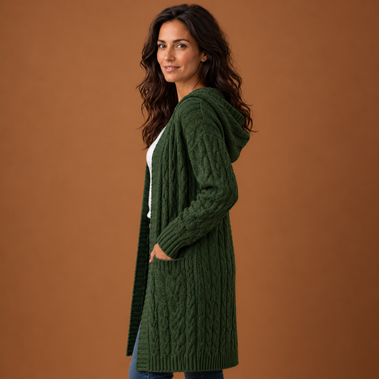 Alexia | Cárdigan Largo de Punto Trenzado con Capucha y Bolsillos