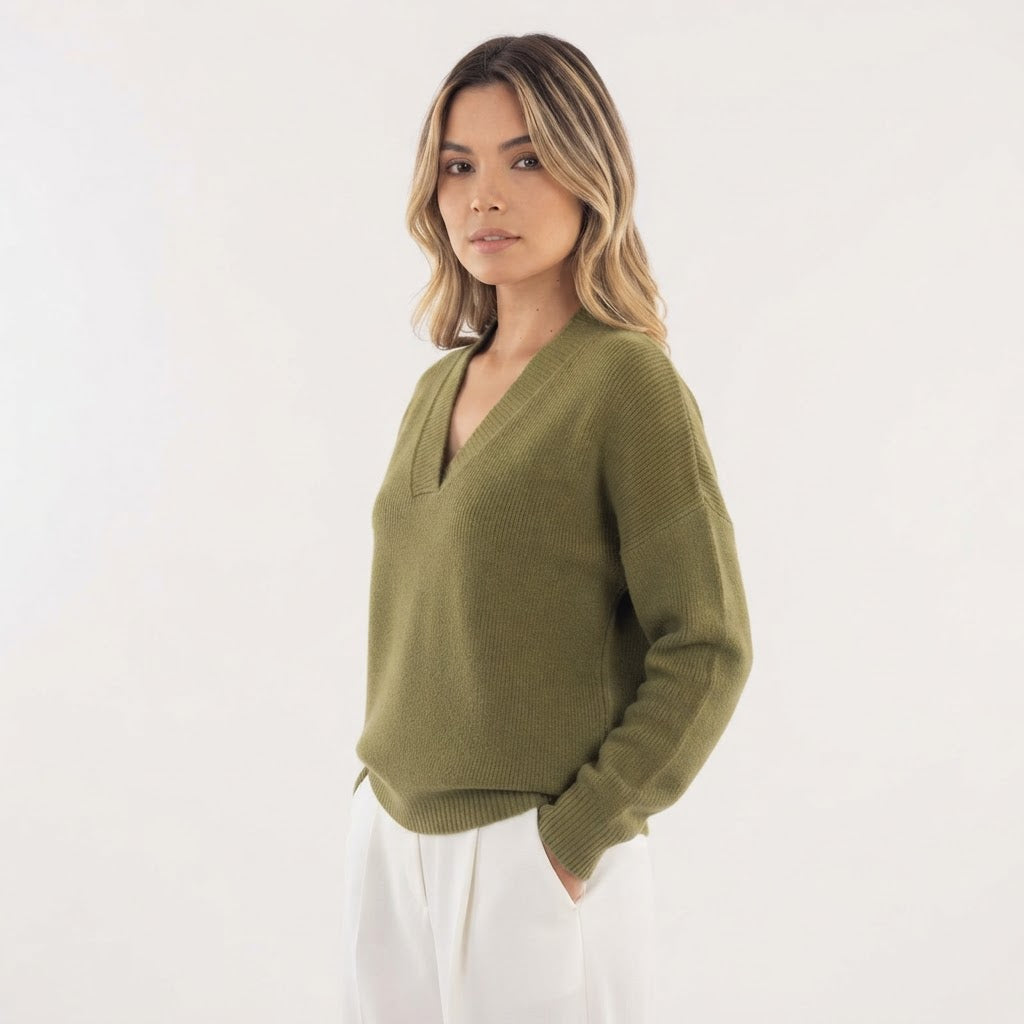 Jersey de Punto Suave con Cuello de Pico y Manga Larga