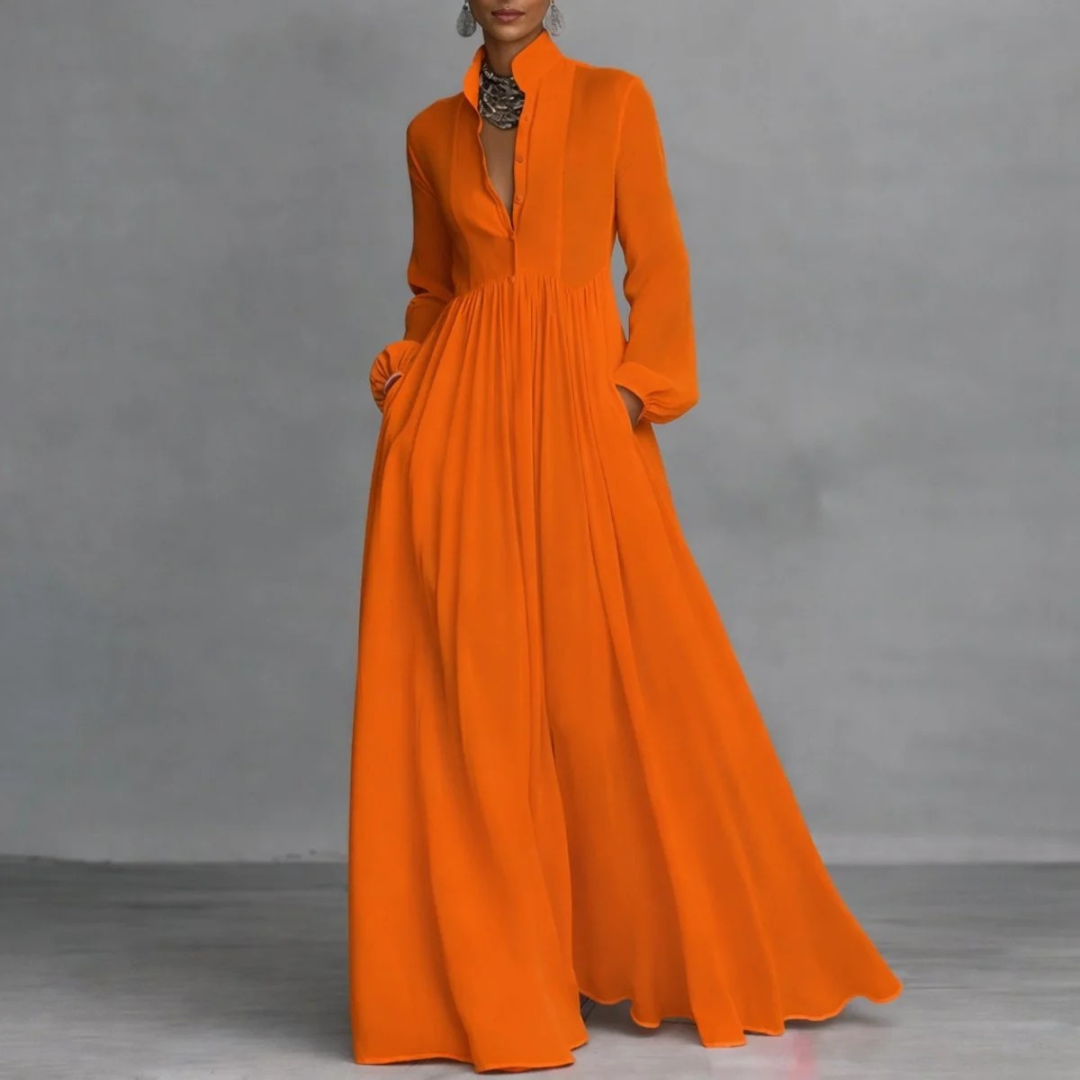Andrea | Vestido Camisero Largo de Manga Larga con Botones y Bolsillos - Naranja