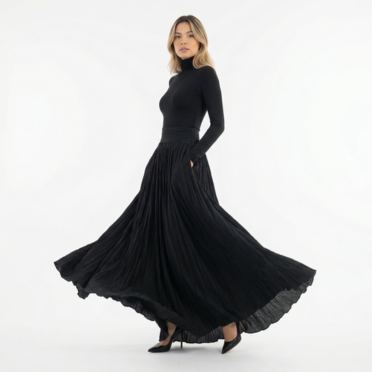Vestido Largo de Cuello Alto con Falda Plisada y Manga Larga