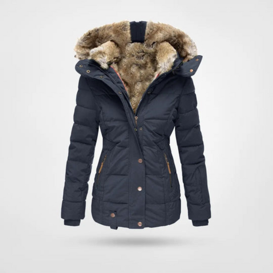 Arlet | Chaqueta Acolchada Entallada con Capucha de Pelo Sintético para Mujer - Azul marino