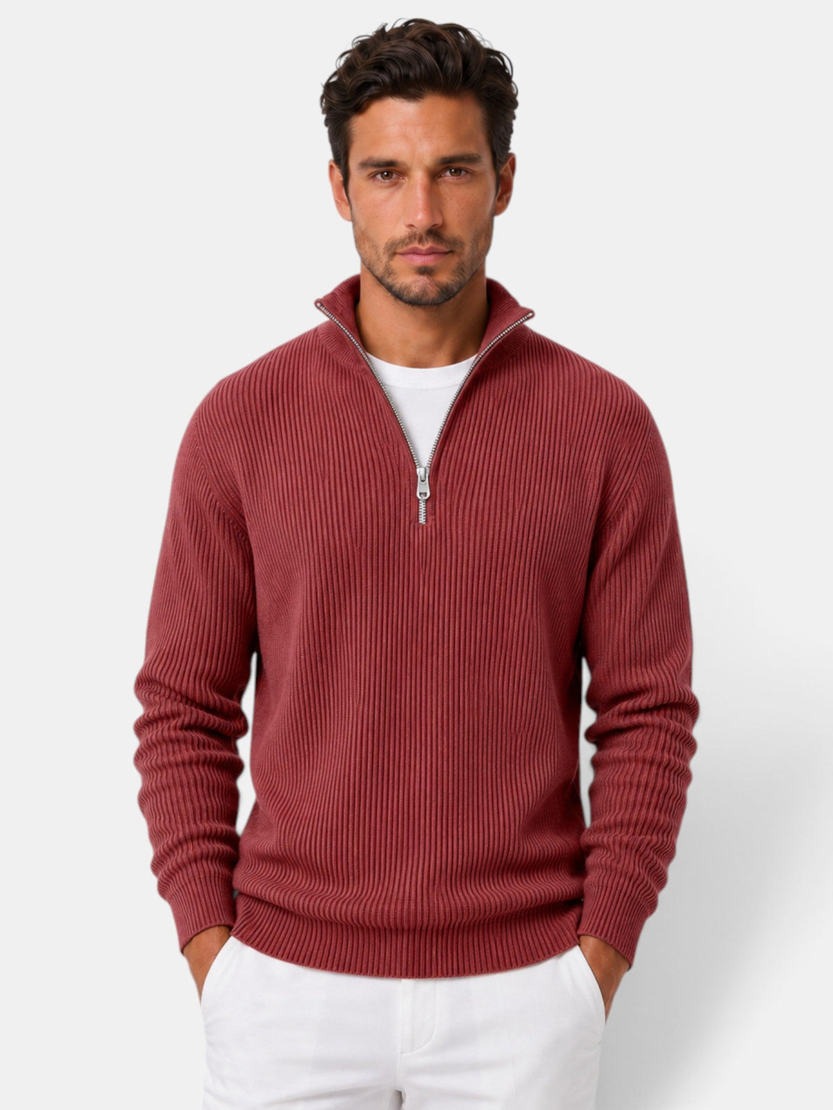 Bernardo | Jersey de Punto Acanalado con Media Cremallera para Hombre - Rojo