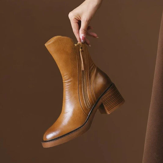 Concha | Botines de Tacón Ancho Efecto Piel con Cremallera - Marrón