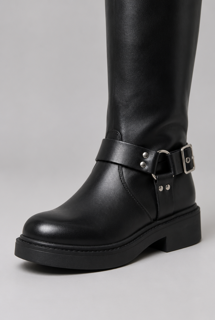 Botas Altas Biker Efecto Piel con Correa y Hebilla Metálica