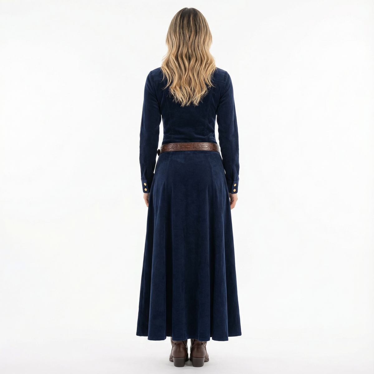 Vestido Largo de Terciopelo Camisero con Botones y Manga Larga