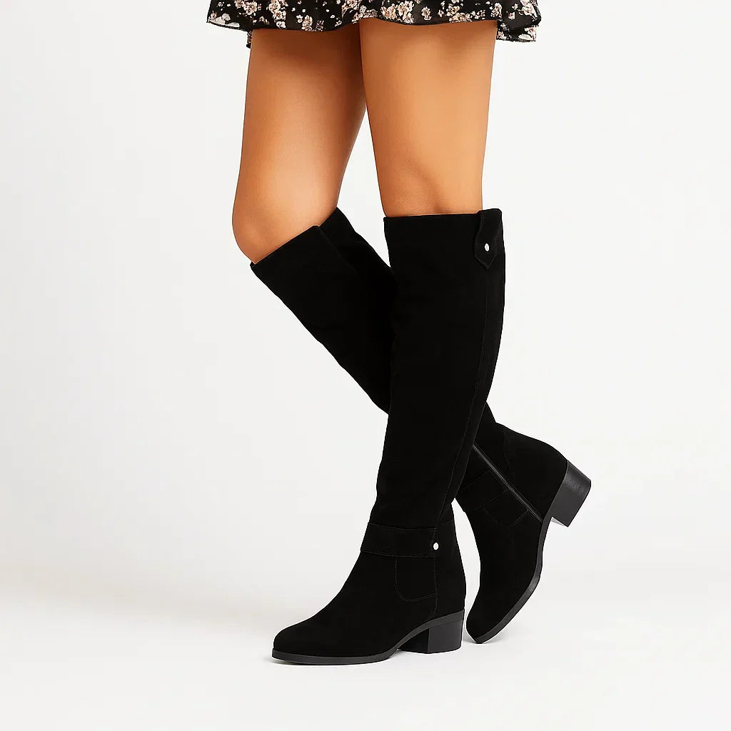 Fe | Botas Altas Efecto Ante hasta la Rodilla con Tacón Bajo - Negro