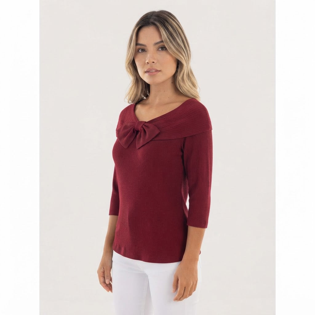Jersey de Punto Entallado con Cuello Vuelto y Lazo Frontal