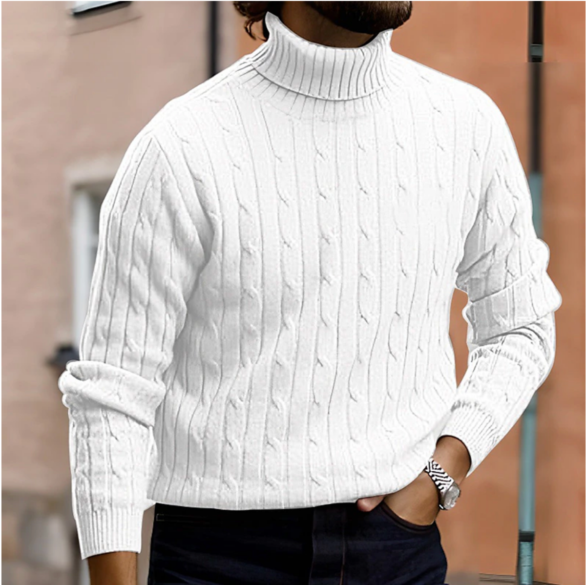 Jersey de Ochos para Hombre con Cuello Alto y Corte Slim - Blanco