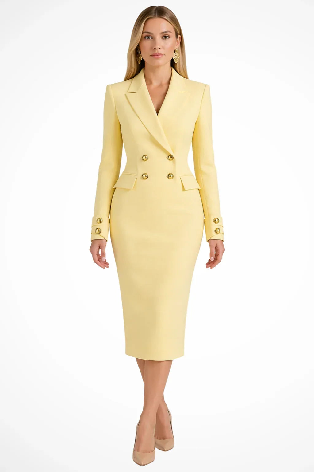 Gilda | Vestido Blazer Midi Entallado con Doble Botonadura Dorada - Amarillo