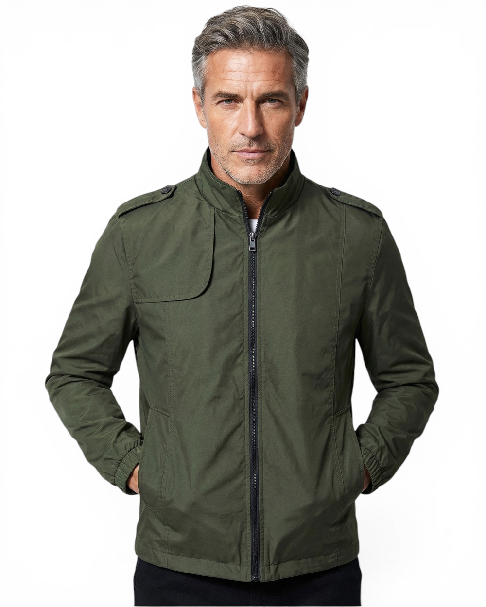 Chaqueta militar hombre ligera con cuello alto y cremallera