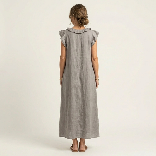 Josette | Vestido Maxi Efecto Lino con Cuello V y Volantes