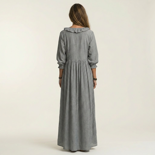 Yosetta | Vestido Largo Rayado con Cuello en V con Volantes y Mangas Farol