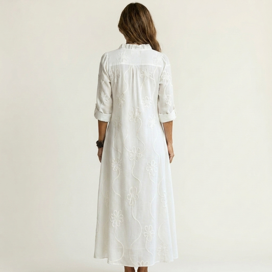 Mariam | Vestido Largo de Algodón y Lino con Bordado Floral Tono Sobre Tono