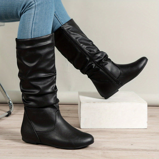Hortensia | Botas Altas Planas Efecto Piel con Caña Fruncida - Negro