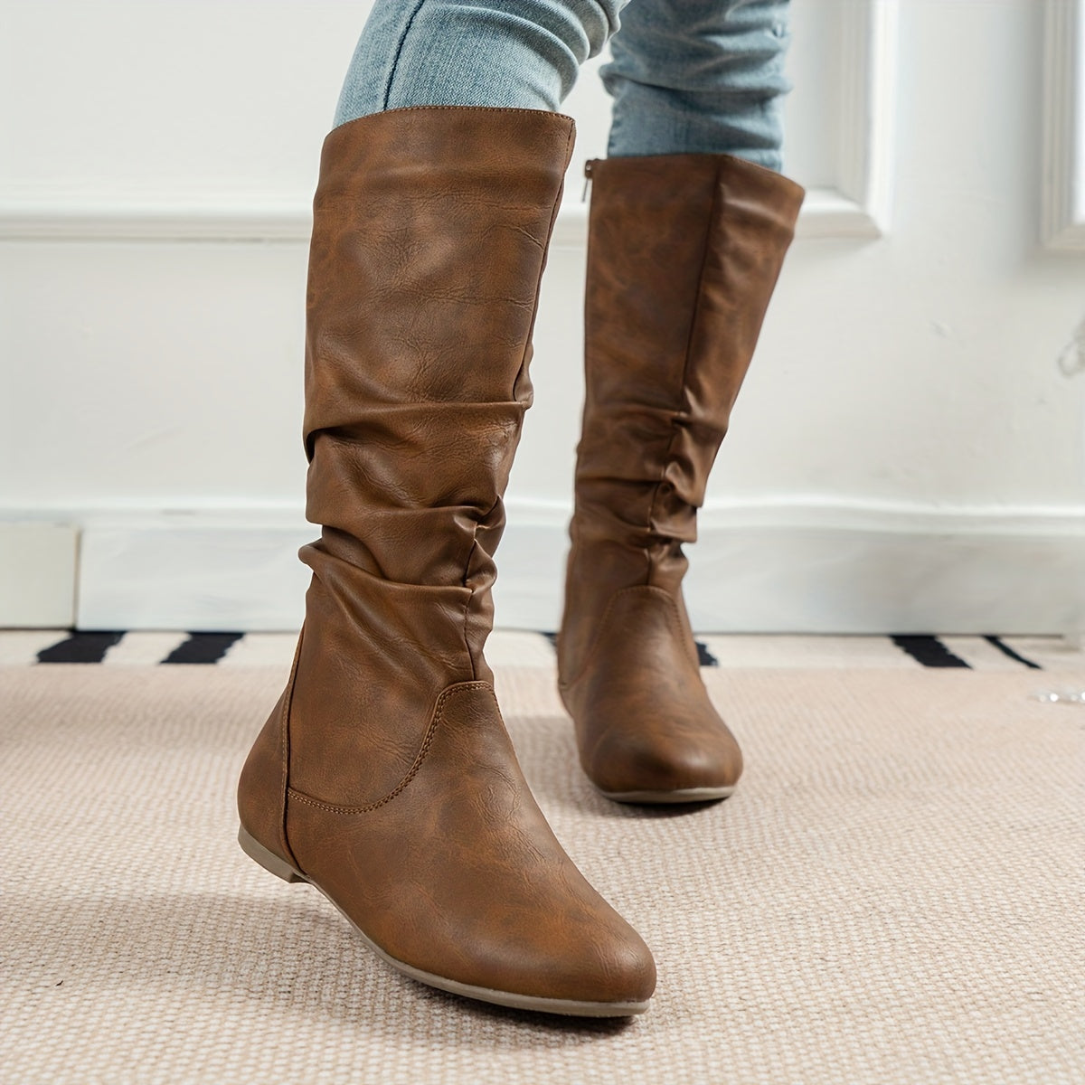 Hortensia | Botas Altas Planas Efecto Piel con Caña Fruncida