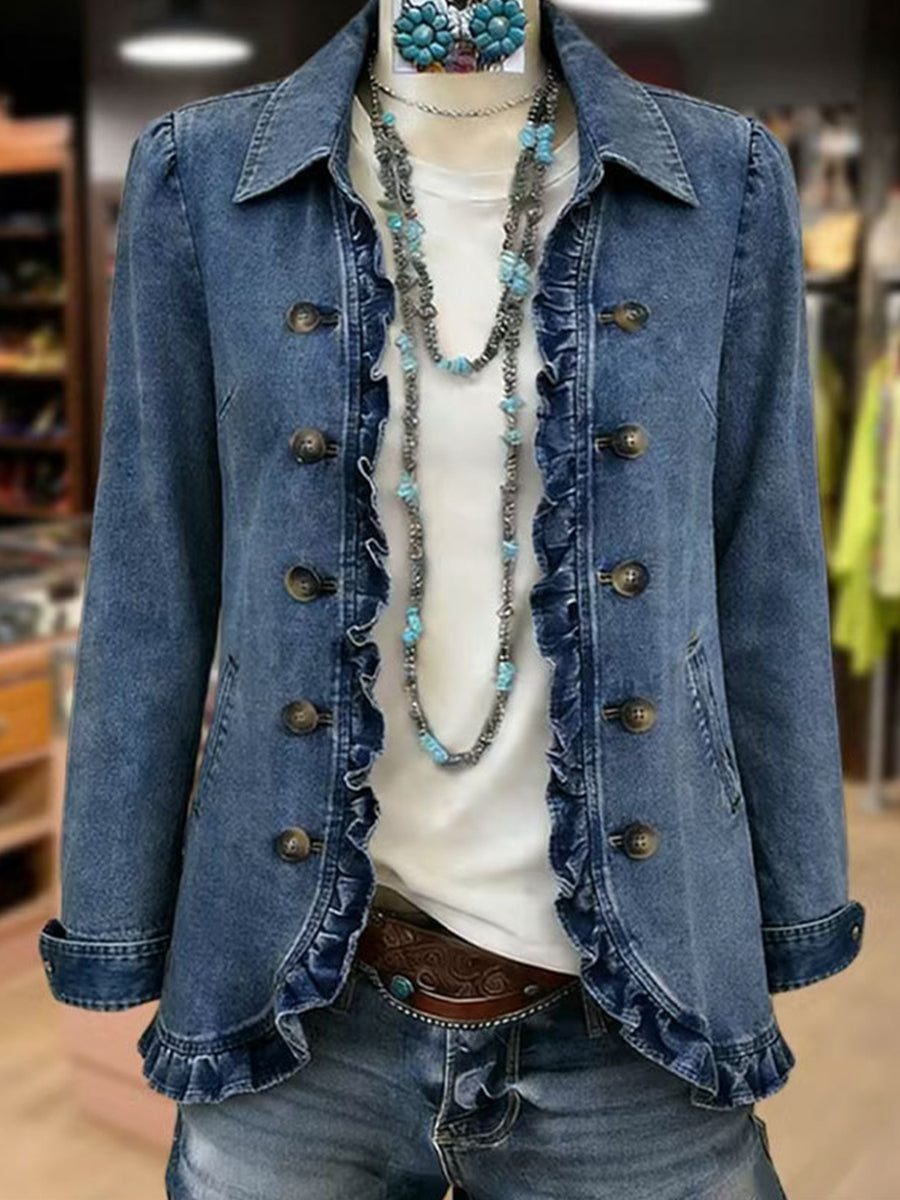 Iria | Chaqueta Vaquera Entallada con Volantes y Doble Botonadura