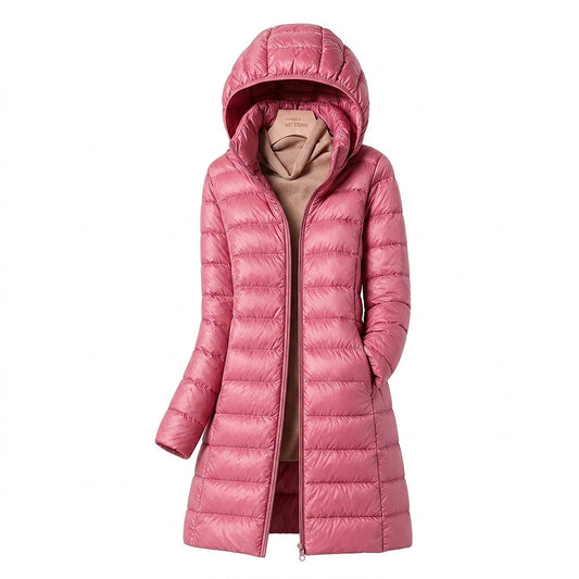 Ivana | Abrigo Acolchado Largo Ligero con Capucha y Cuello Alto - Rosa