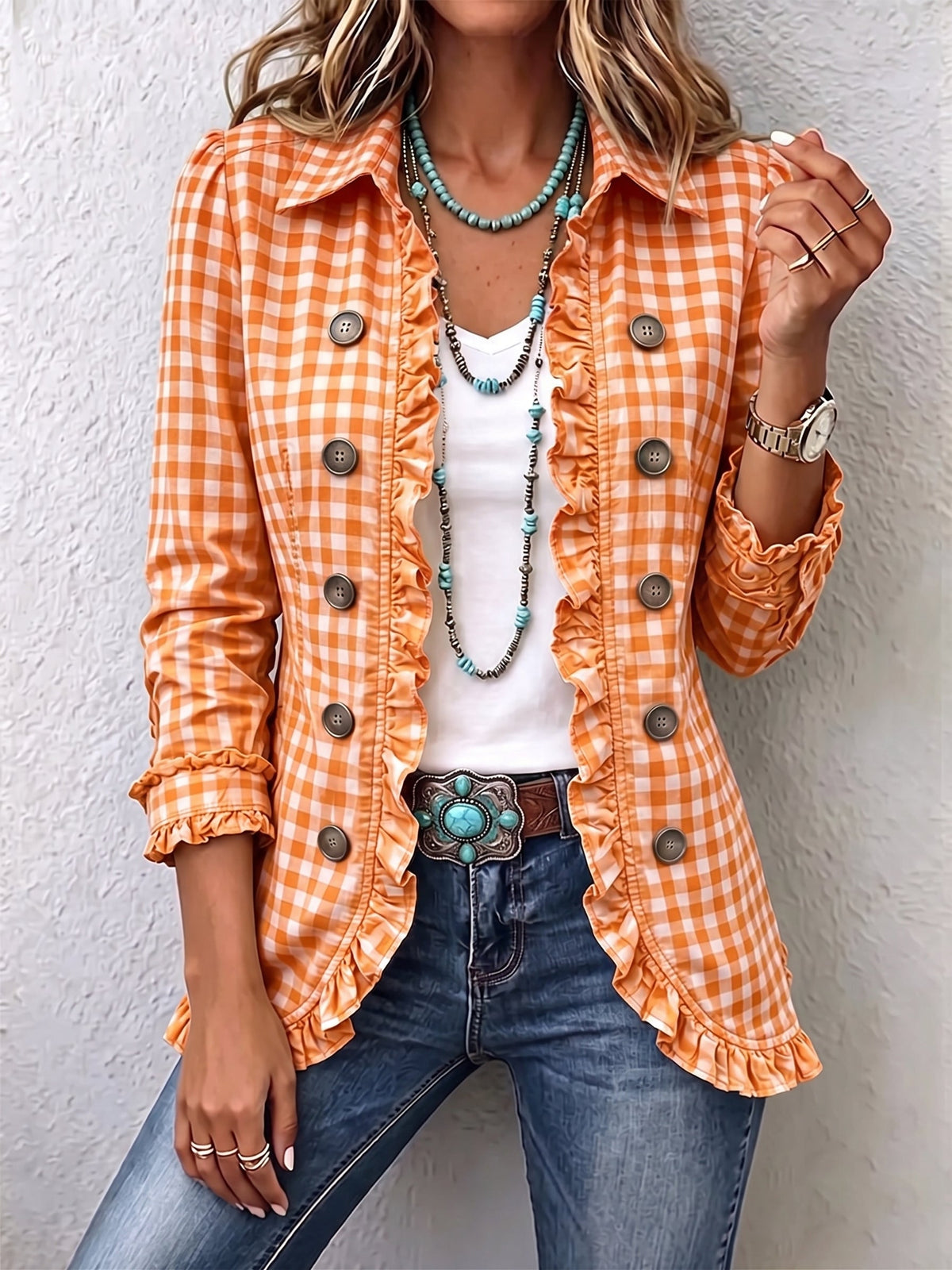 Mabel | Chaqueta de Cuadros Vichy con Volantes y Doble Botonadura - Naranja