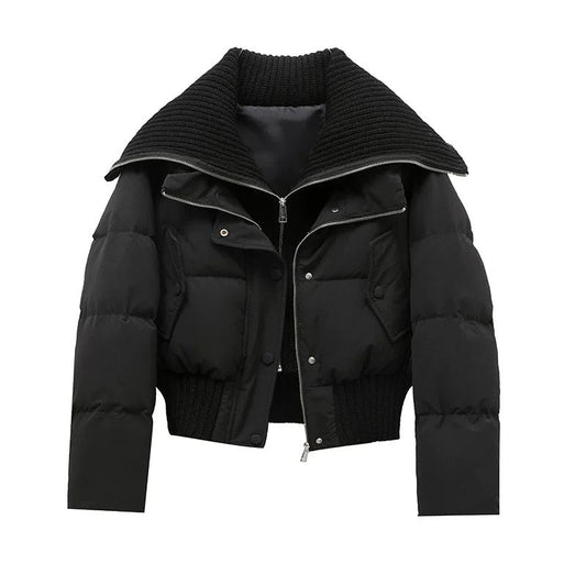 Chaqueta Acolchada Corta con Cuello de Punto Acanalado - Negro