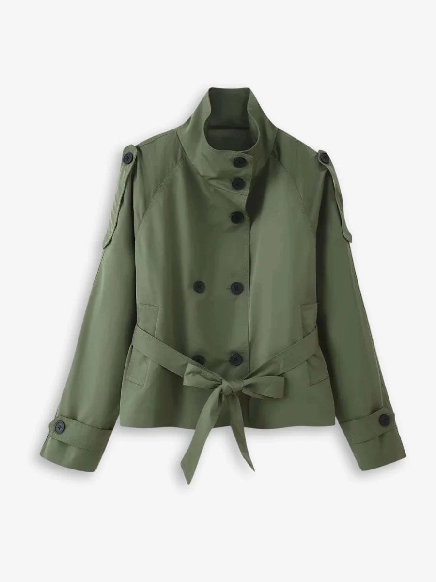 Purificación | Chaqueta Trench Corta con Cinturón y Cuello Alto - Verde