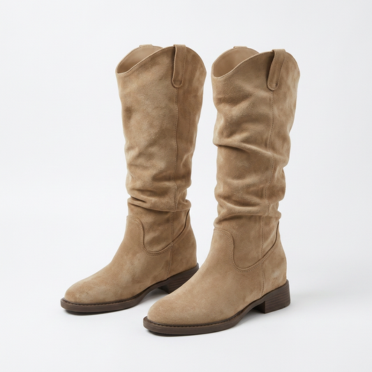Botas Altas Efecto Ante con Caña Fruncida y Tacón Bajo - Caqui
