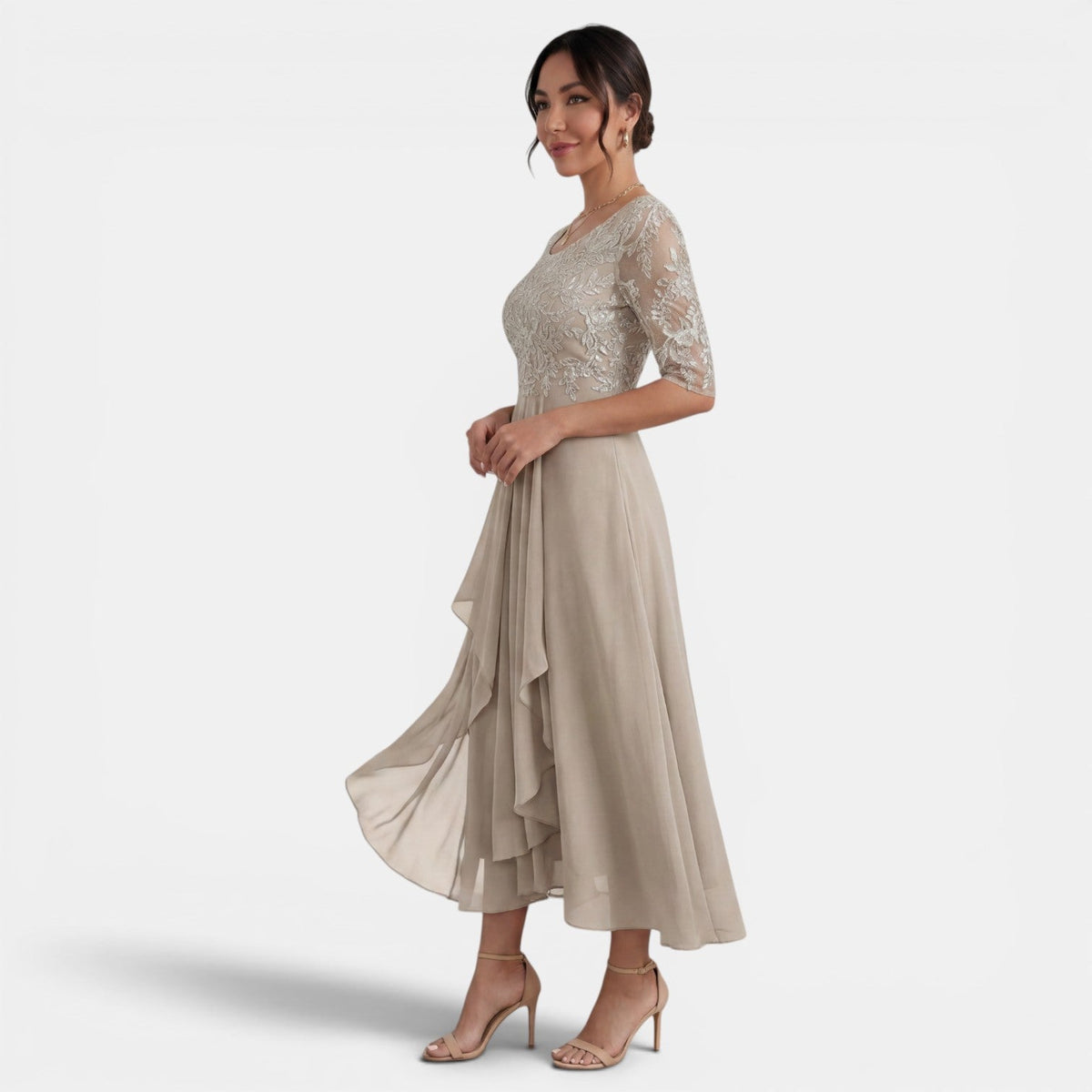 Visitación | Vestido Midi de Fiesta con Cuerpo de Encaje y Falda de Gasa - vista 8