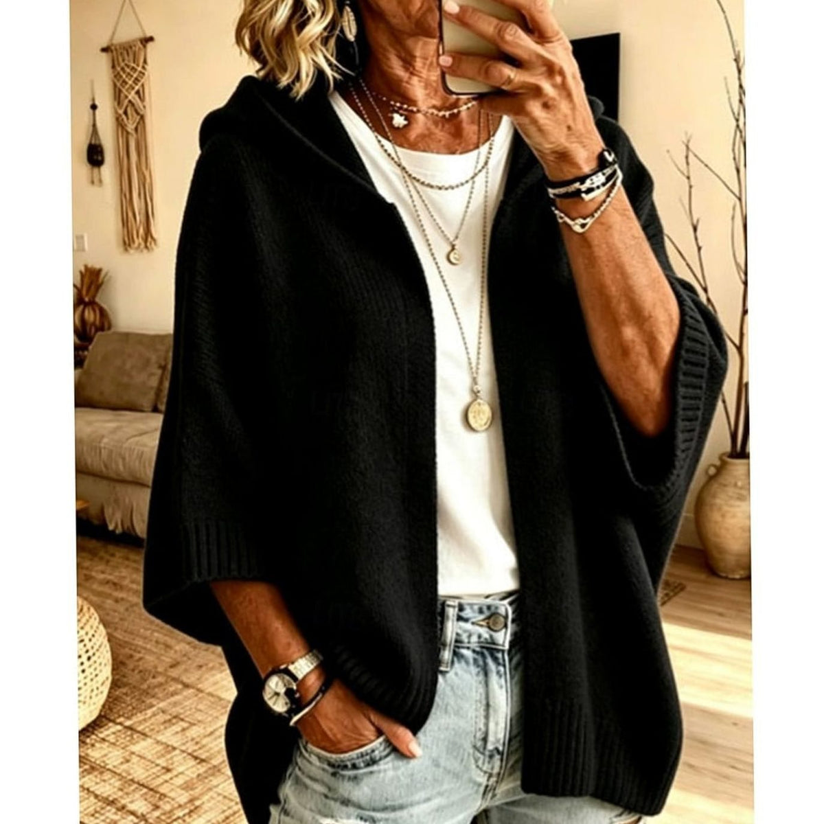 Cárdigan con capucha mujer abierto punto texturizado