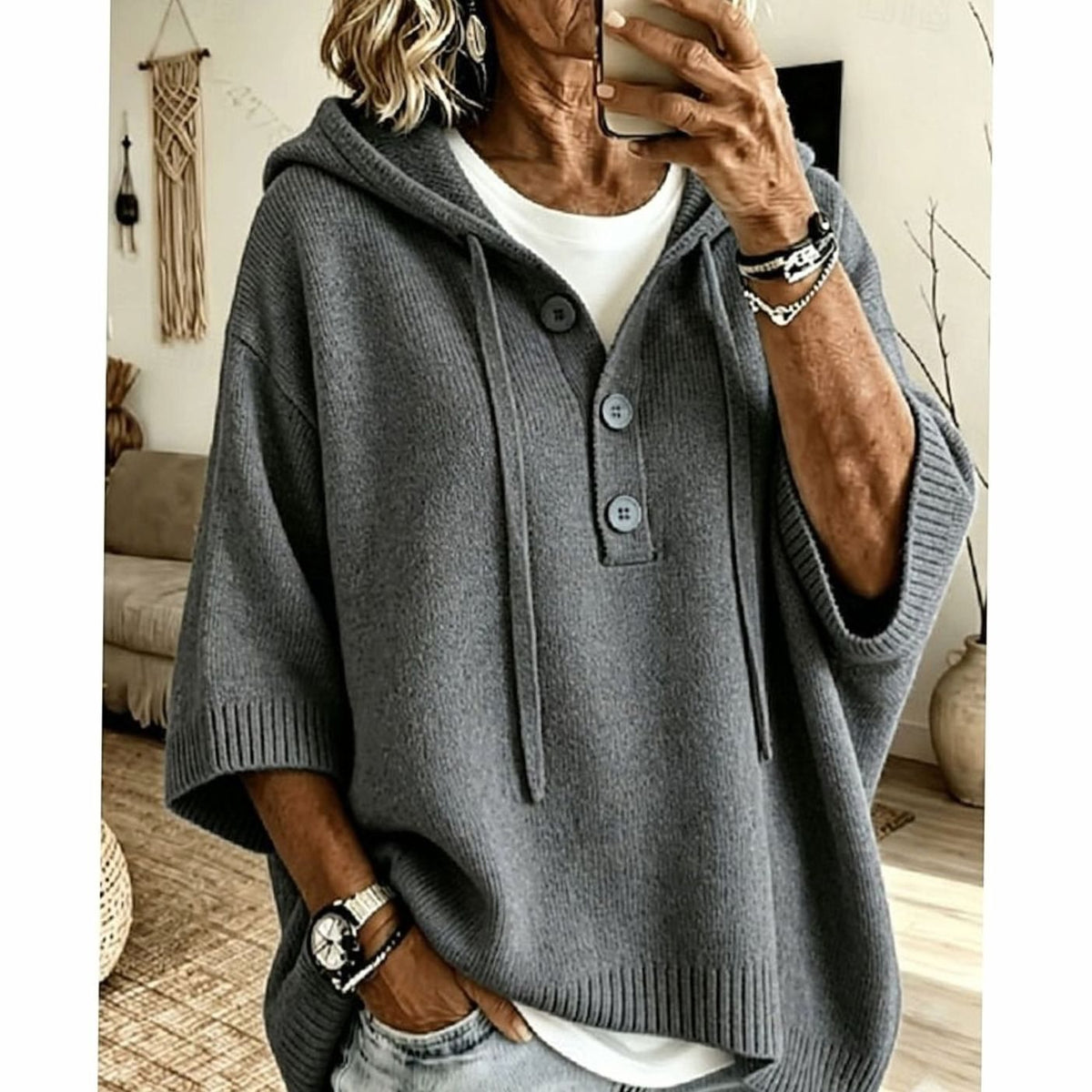Jersey con capucha mujer botones manga 3/4