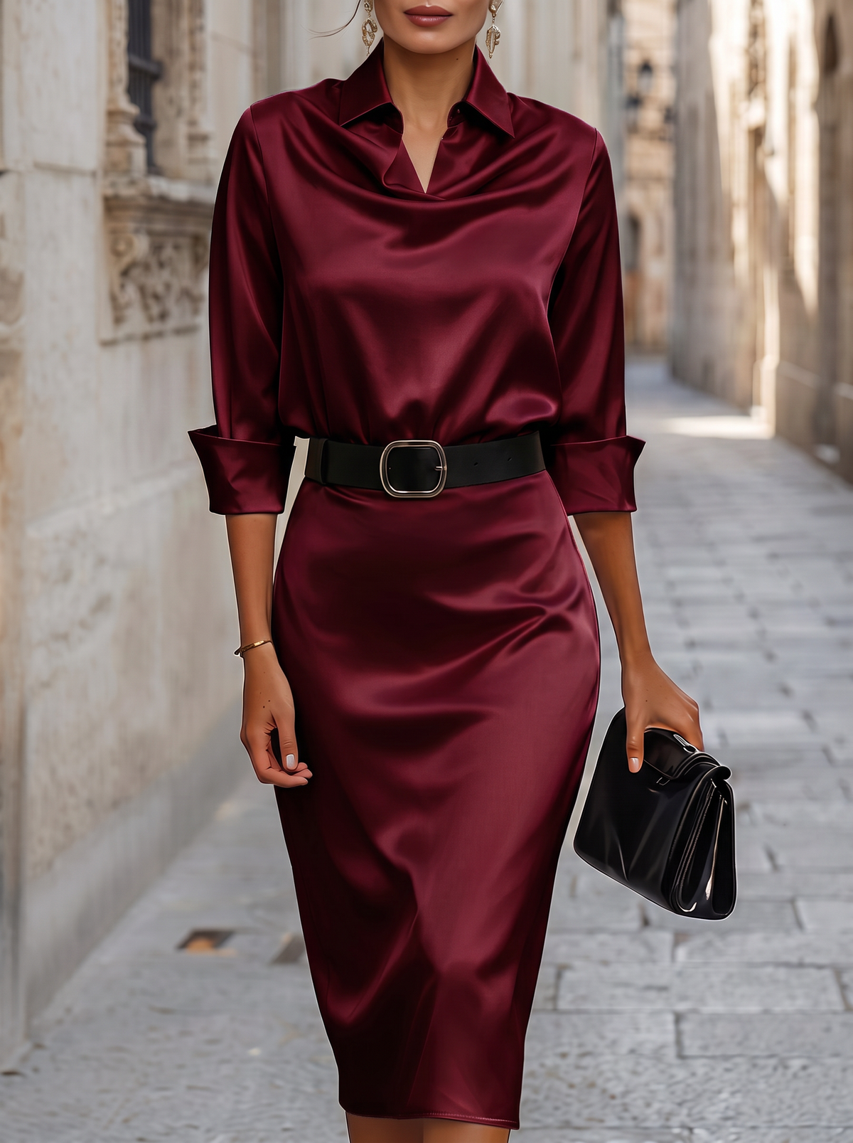 Xiana | Vestido Midi Satinado con Cuello Drapeado y Cinturón - Burdeos