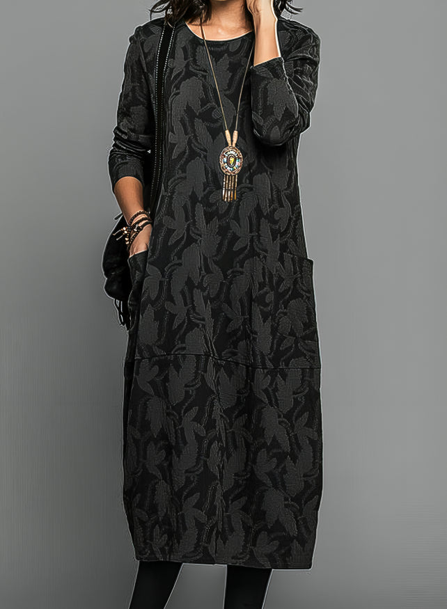 Zoraida | Vestido Midi de Manga Larga con Estampado de Hojas y Bolsillos - Negro