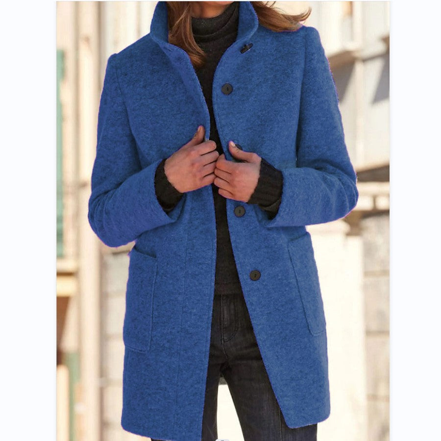 Abrigo Clásico de Cuello Alto con Botones y Bolsillos de Parche - Azul