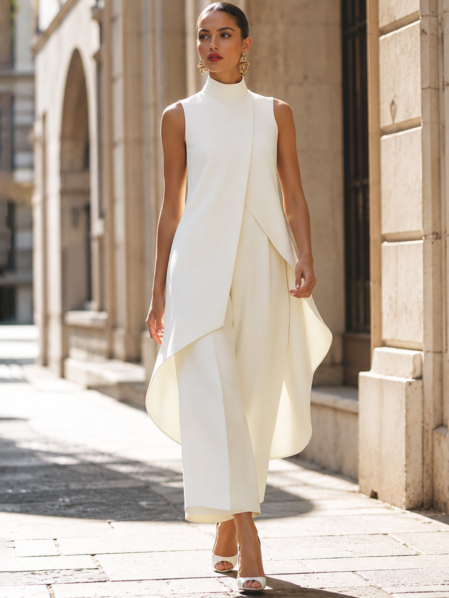 Mono largo mujer cuello alto y pantalón de pierna ancha