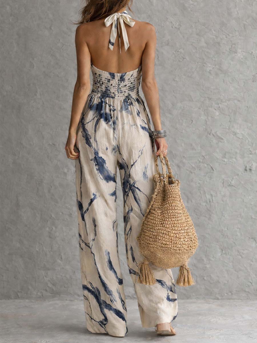 Mono de Pierna Ancha con Cuello Halter, Estampado Ink Wash y Bolsillos