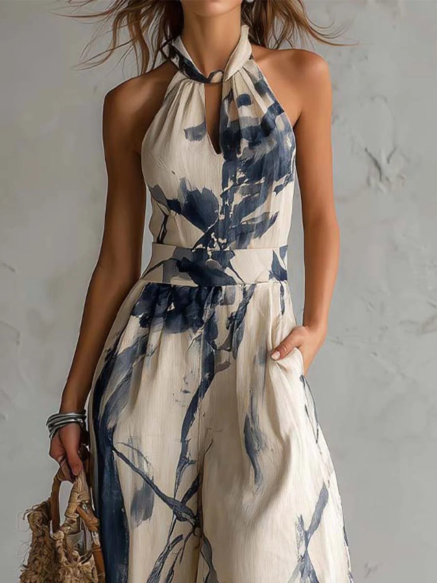 Mono de Pierna Ancha con Cuello Halter, Estampado Ink Wash y Bolsillos