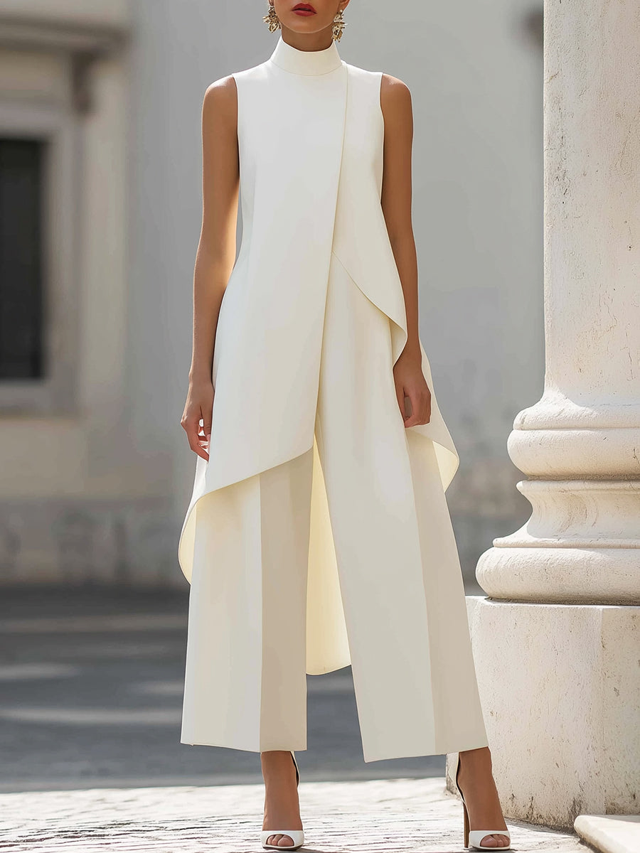 Mono largo mujer cuello alto y pantalón de pierna ancha