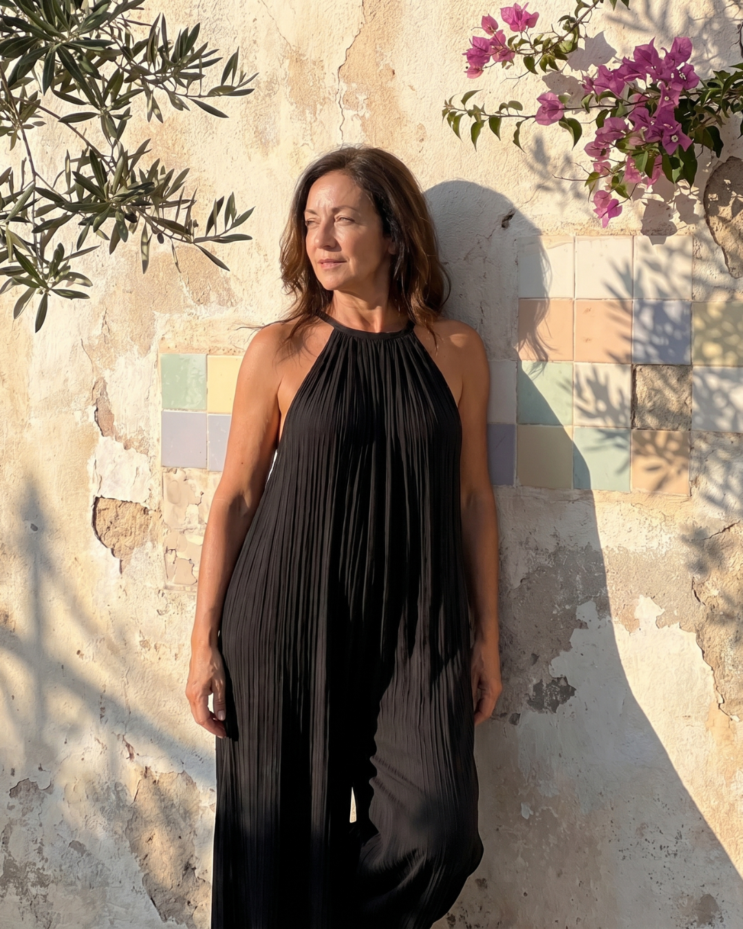 Florencia | Mono de Pierna Ancha con Cuello Halter Plisado