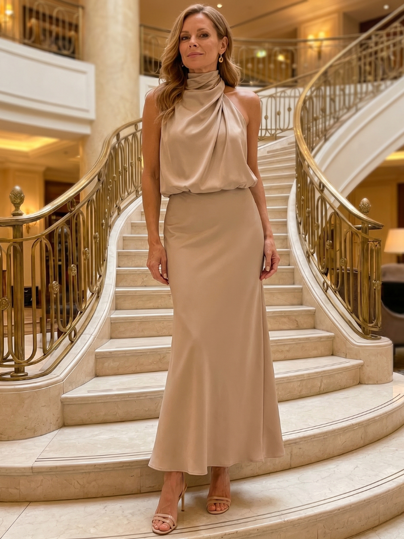 Nopal | Vestido Midi sin Mangas con Cuello Drapado