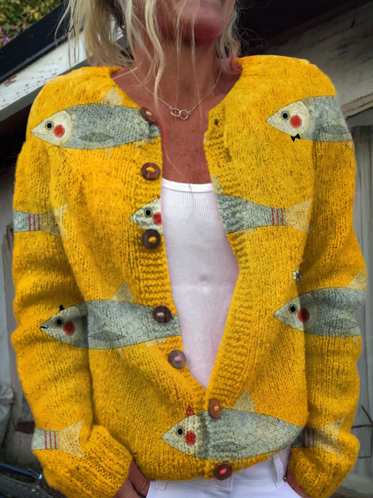 Chaleco cárdigan punto vintage mujer estampado peces