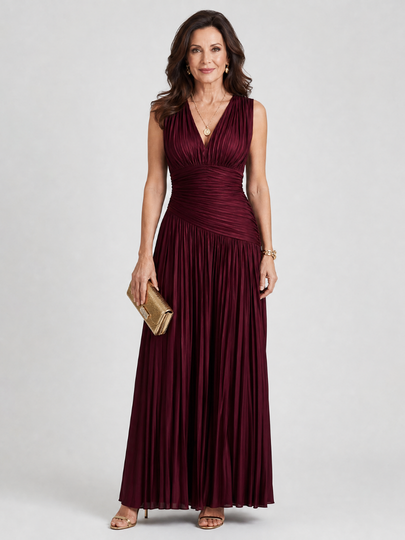 Lemar | Vestido Midi sin Mangas con Pliegues y Escote en V