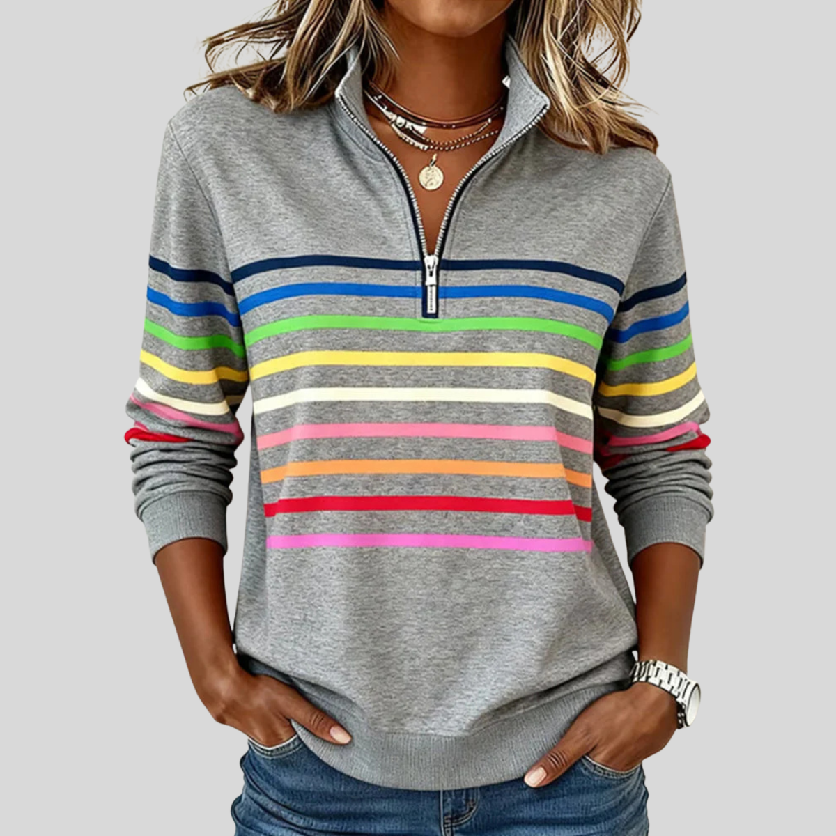 Sudadera de rayas mujer con media cremallera