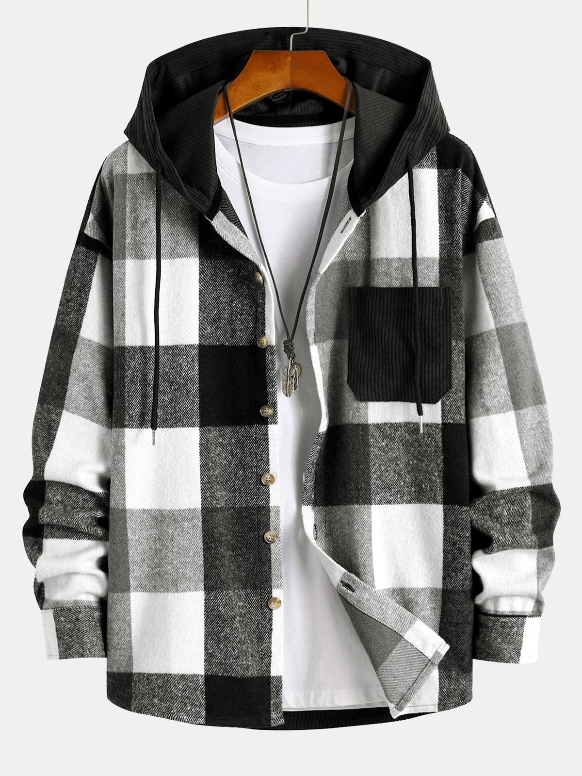 Camisa con Capucha de Ajuste Relajado de Franela a Cuadros y Parches de Pana