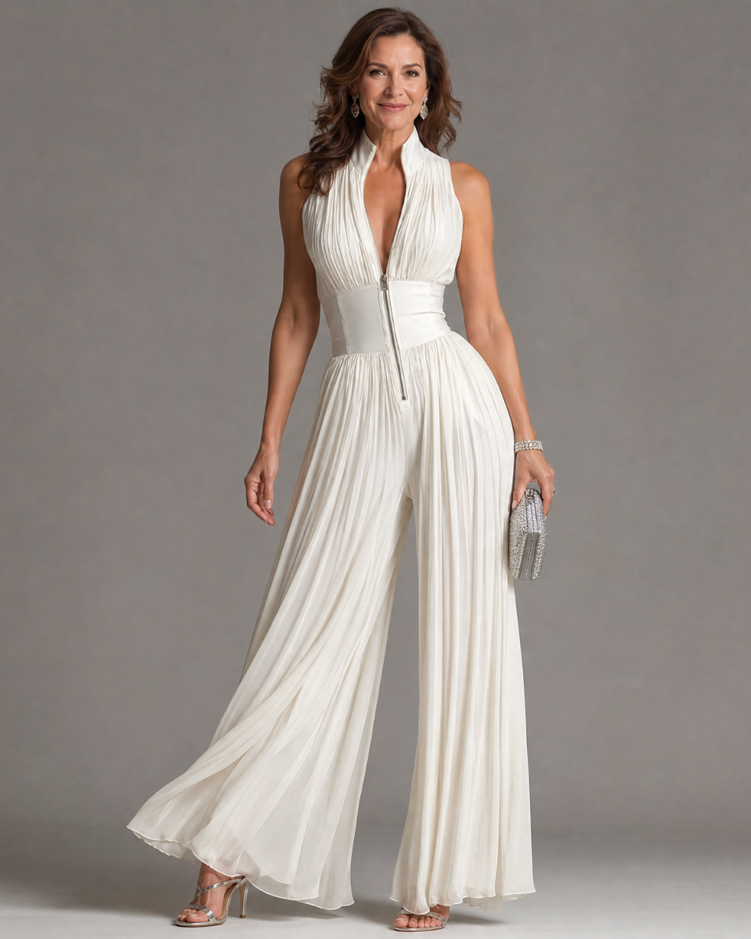 Teodora | Mono de Pierna Ancha con Cuello Halter Plisado y Cintura Ajustada