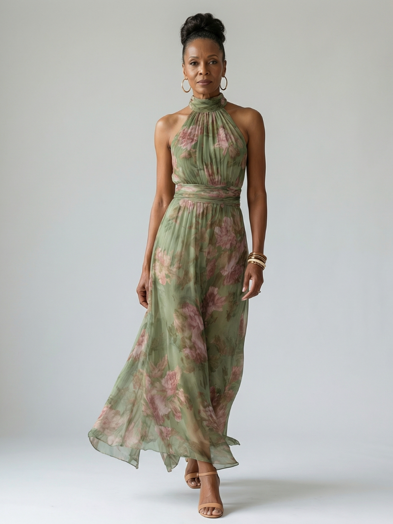 Livia | Vestido Maxi Halter Floral Elegante
