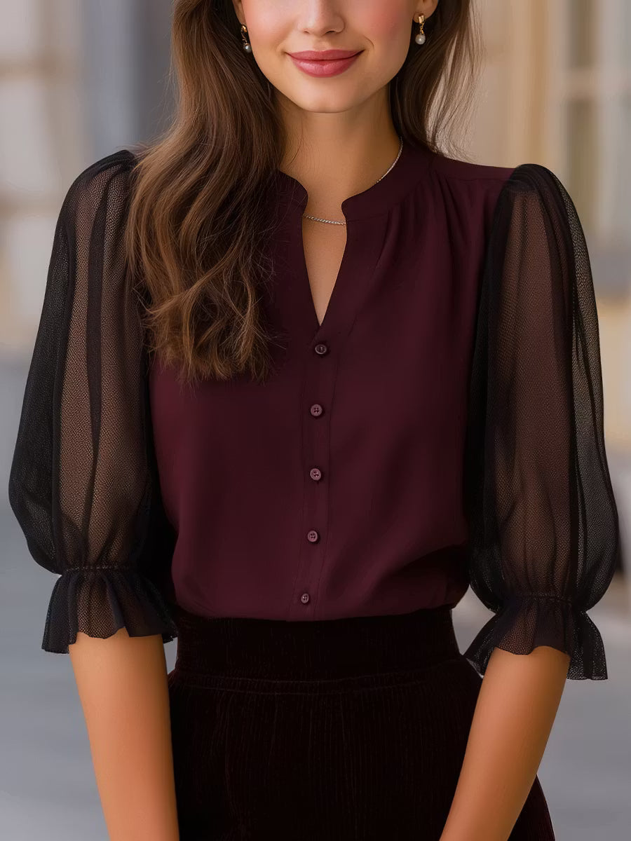 Valora | Blusa Abotonada de Manga Abullonada Transparente