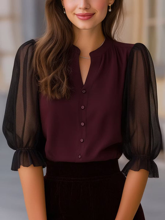 Valora | Blusa Abotonada de Manga Abullonada Transparente