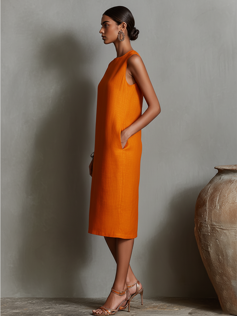 Vestido midi mujer con bolsillos cuello redondo