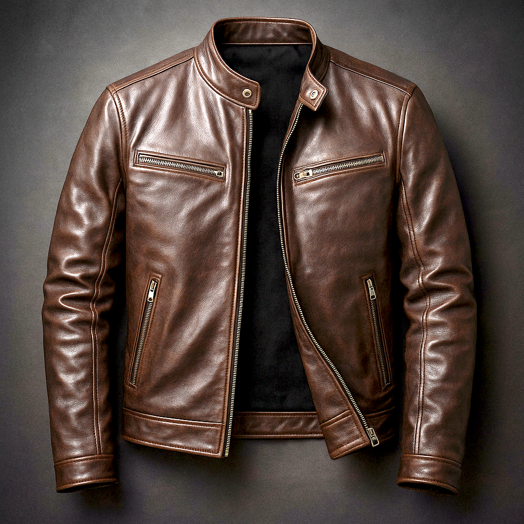 Chaqueta efecto piel hombre vintage con cremallera